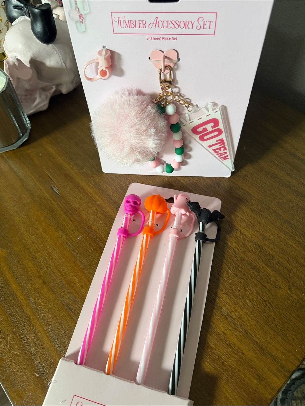 Tumbler Accessory Set Keychain and Straws - Pink Halloween and football fun